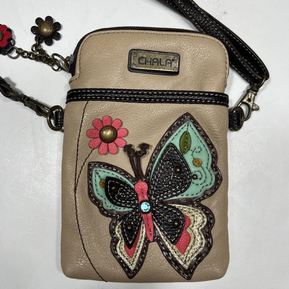 Chala Handbags Cell Phone Crossbody Purse Butterfly And Flowers, Leather Tan - Picture 2 of 6